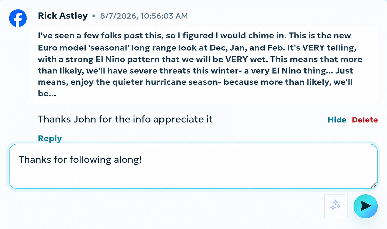 ClearReach comment interaction showing the original post, an audience comment, a reply field, and the automatic reply helper.