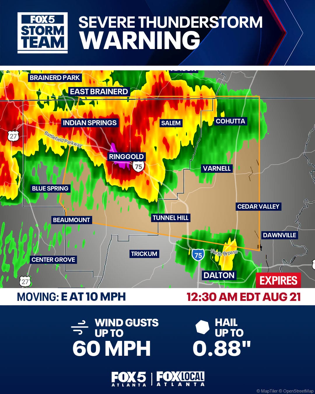 FOX severe thunderstorm warning graphic produced by ClearWarn.