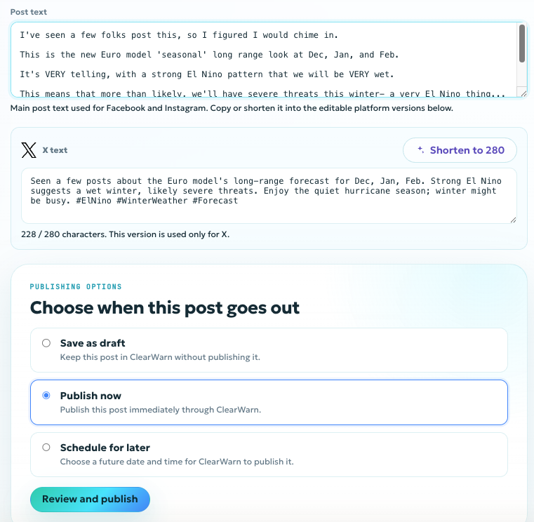 ClearReach post editor showing automatic shortening to X's 280-character limit and options to save as a draft, publish now, or schedule for later.