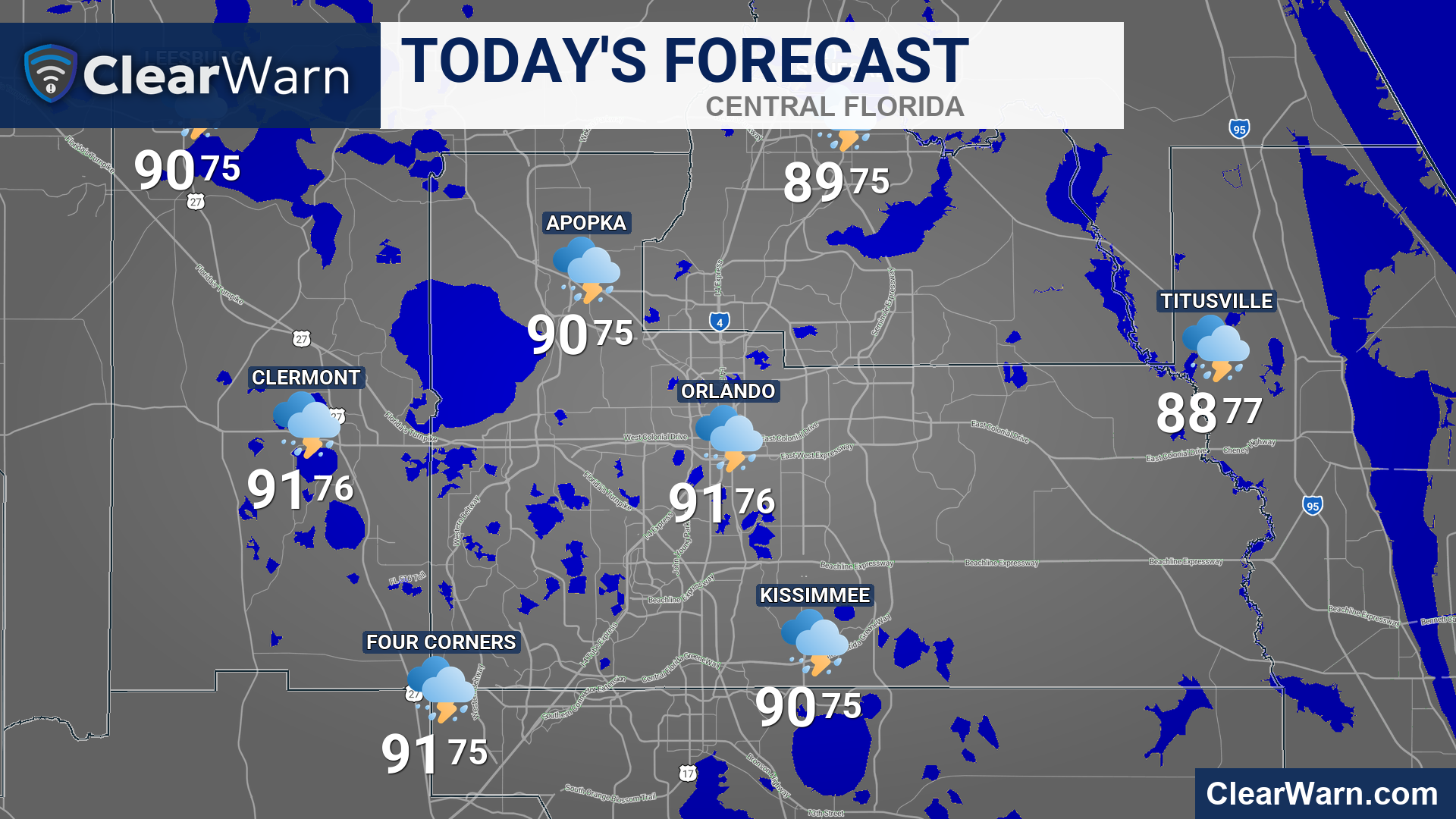 Branded regional weather forecast graphic produced with ClearWarn.