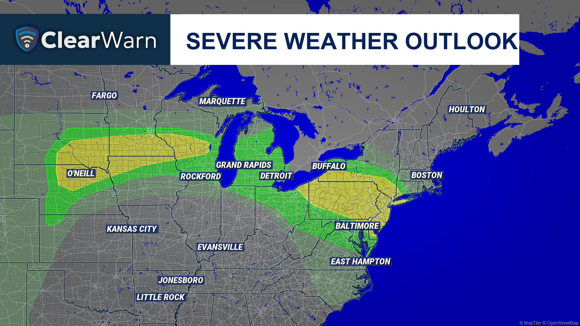 Branded SPC Day 1 categorical outlook graphic produced with ClearWarn.